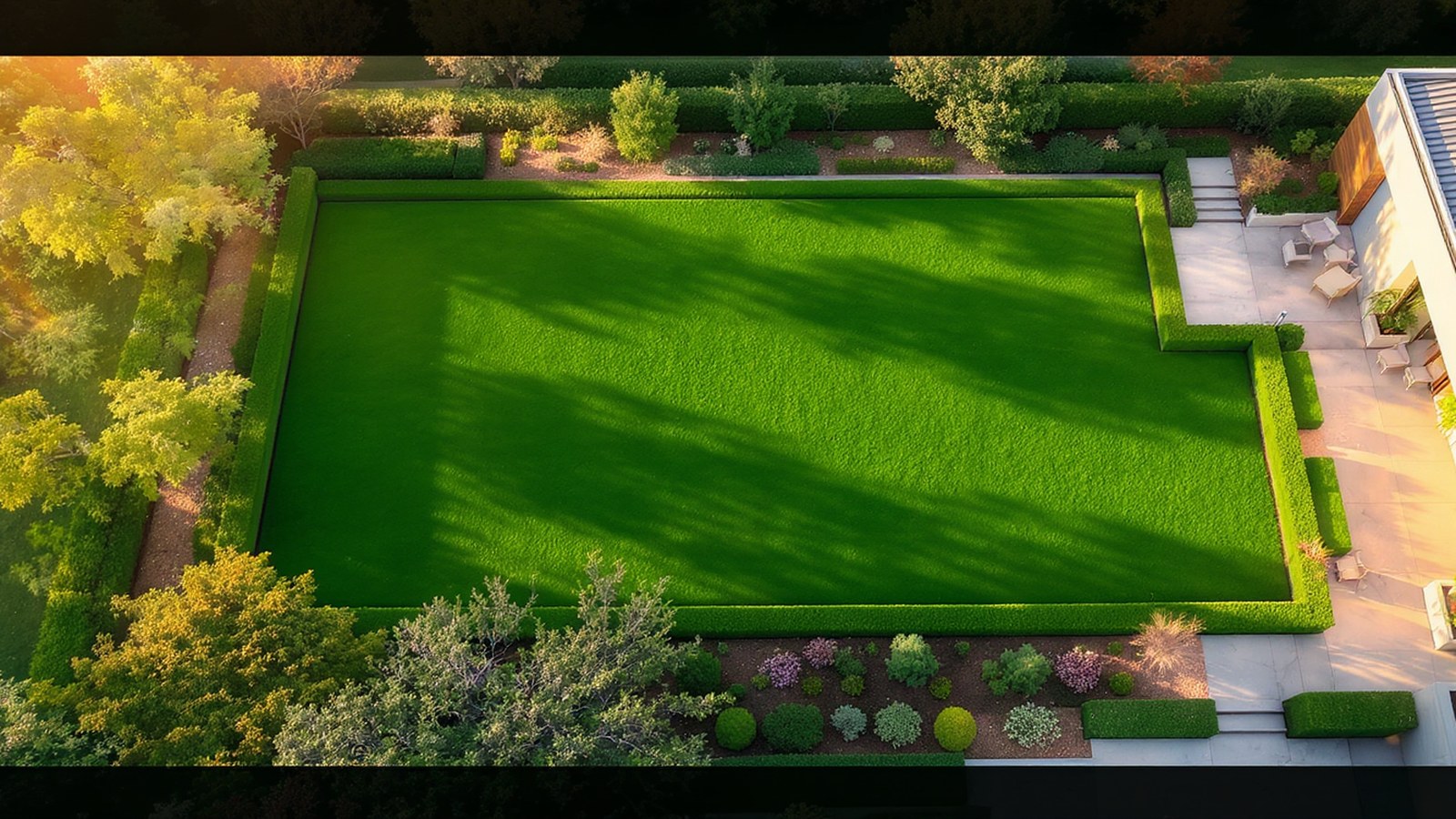 Frühlingsfit gemachter Garten mit frischem Rasen, klarer Beetkante und gepflegtem Weg